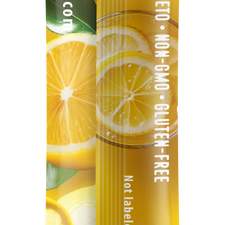 Back view of FlavCity Anytime Essentials Drink Mix Lemonade package, showing nutrition facts, ingredients, and preparation instructions on a bright yellow background.