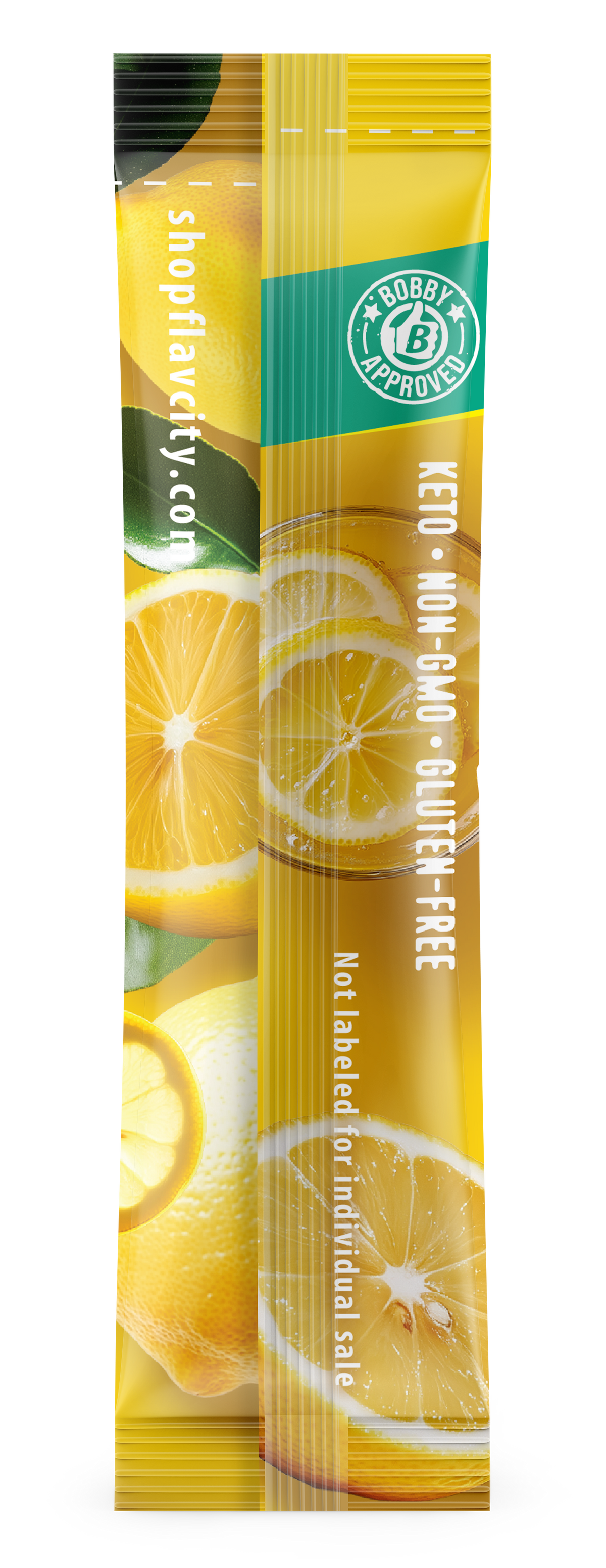Back view of FlavCity Anytime Essentials Drink Mix Lemonade package, showing nutrition facts, ingredients, and preparation instructions on a bright yellow background.