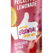 Front view of FlavCity Anytime Essentials Drink Mix Prickly Pear package featuring vibrant branding, flavor name, and colorful fruit illustrations on a bright background.