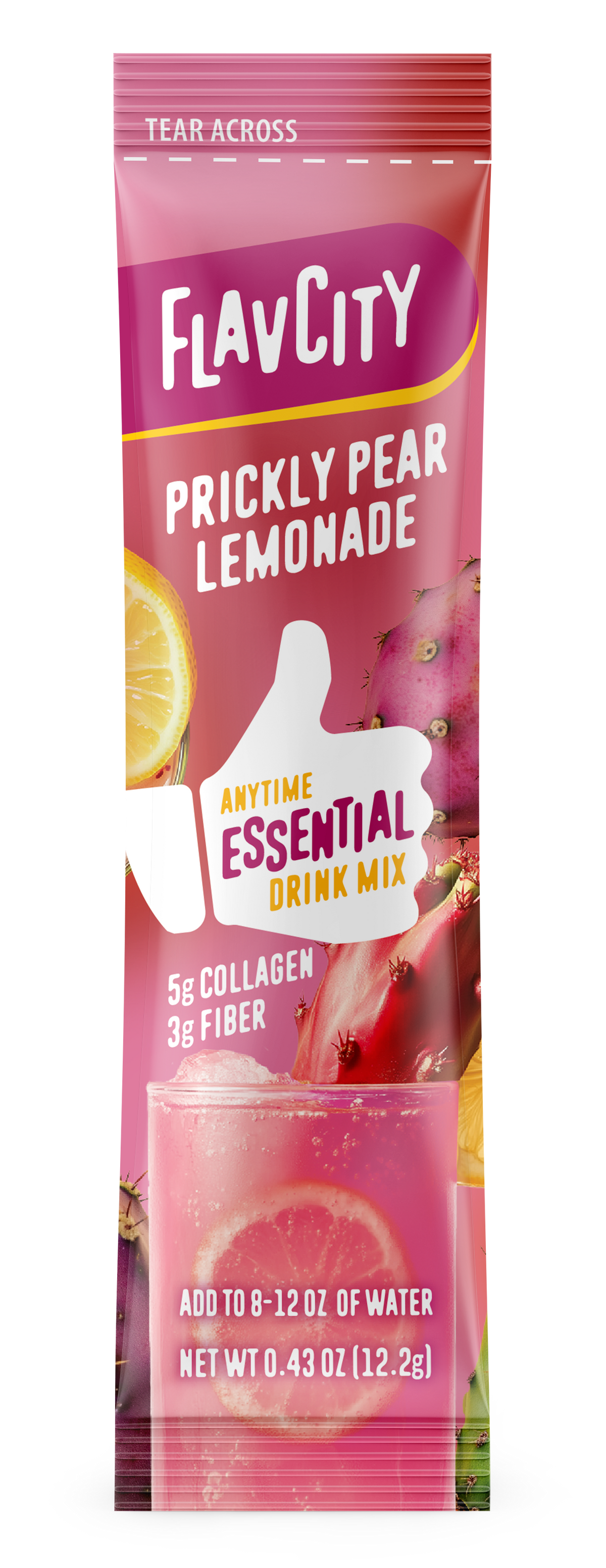 Front view of FlavCity Anytime Essentials Drink Mix Prickly Pear package featuring vibrant branding, flavor name, and colorful fruit illustrations on a bright background.