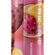 Back view of FlavCity Anytime Essentials Drink Mix Lemonade with Prickly Pear package, featuring detailed nutrition facts, ingredients list, preparation instructions, and product branding on a bright, colorful background.