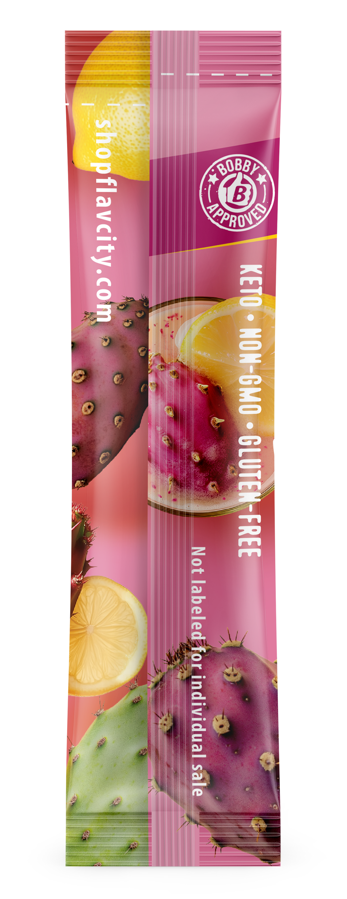 Back view of FlavCity Anytime Essentials Drink Mix Lemonade with Prickly Pear package, featuring detailed nutrition facts, ingredients list, preparation instructions, and product branding on a bright, colorful background.
