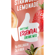 Front view of FlavCity Anytime Essentials Drink Mix Strawberry package with bold branding, flavor name, and colorful fruit graphics on a red background.