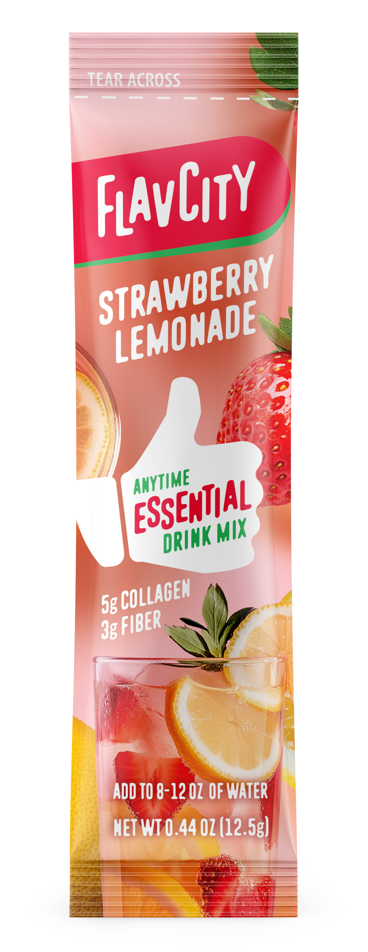 Front view of FlavCity Anytime Essentials Drink Mix Strawberry package with bold branding, flavor name, and colorful fruit graphics on a red background.