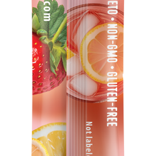 Back view of FlavCity Anytime Essentials Drink Mix Strawberry package, featuring nutrition facts, ingredients list, and preparation instructions on a vibrant red background.