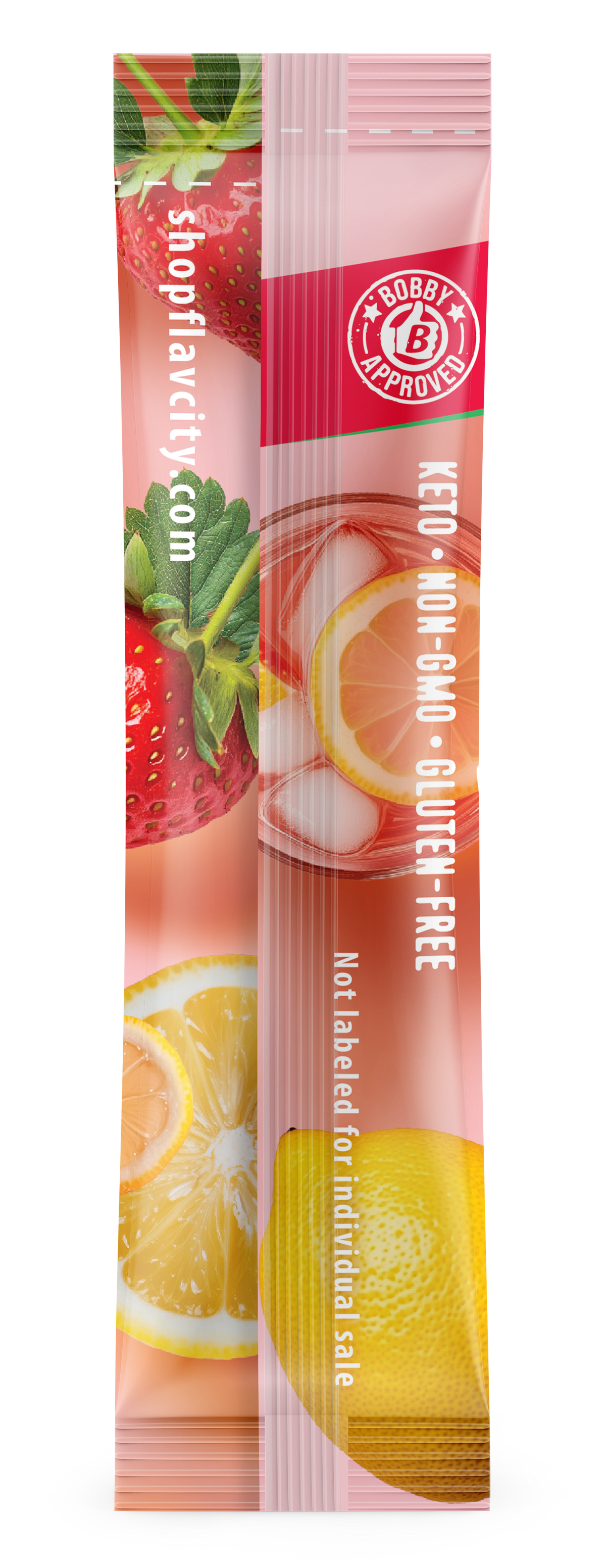 Back view of FlavCity Anytime Essentials Drink Mix Strawberry package, featuring nutrition facts, ingredients list, and preparation instructions on a vibrant red background.