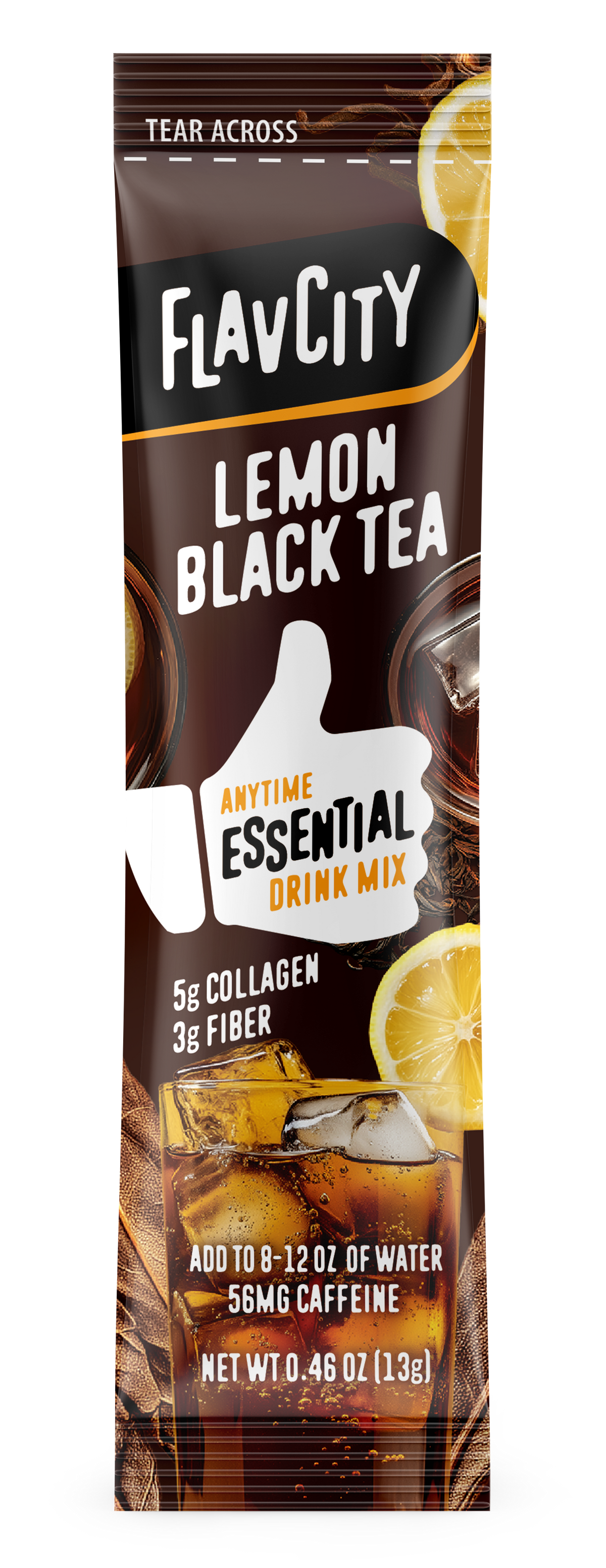 FlavCity Lemon Black Tea drink mix package with lemon slices on a white background