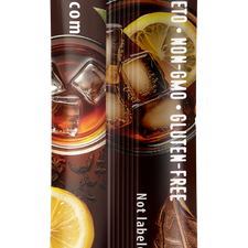 Keto-friendly drink mix package with oranges and a glass of liquid on a white background