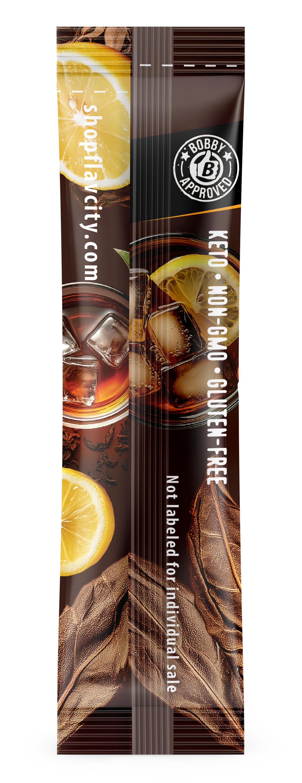 Keto-friendly drink mix package with oranges and a glass of liquid on a white background