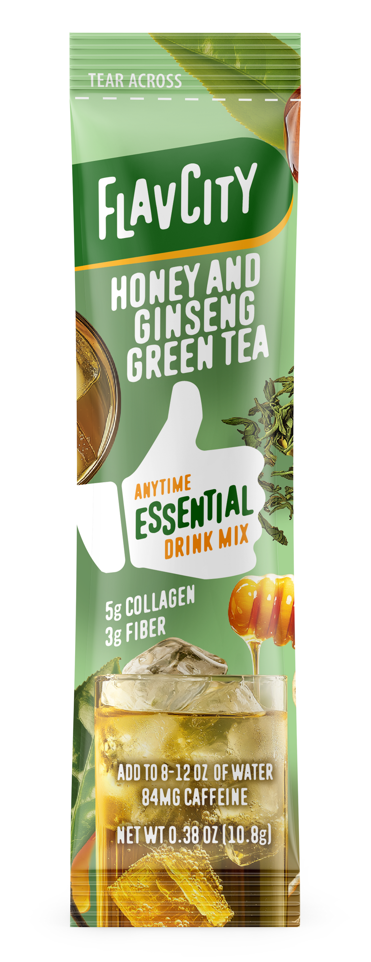 FlavCity honey and ginseng green tea drink mix package on a white background