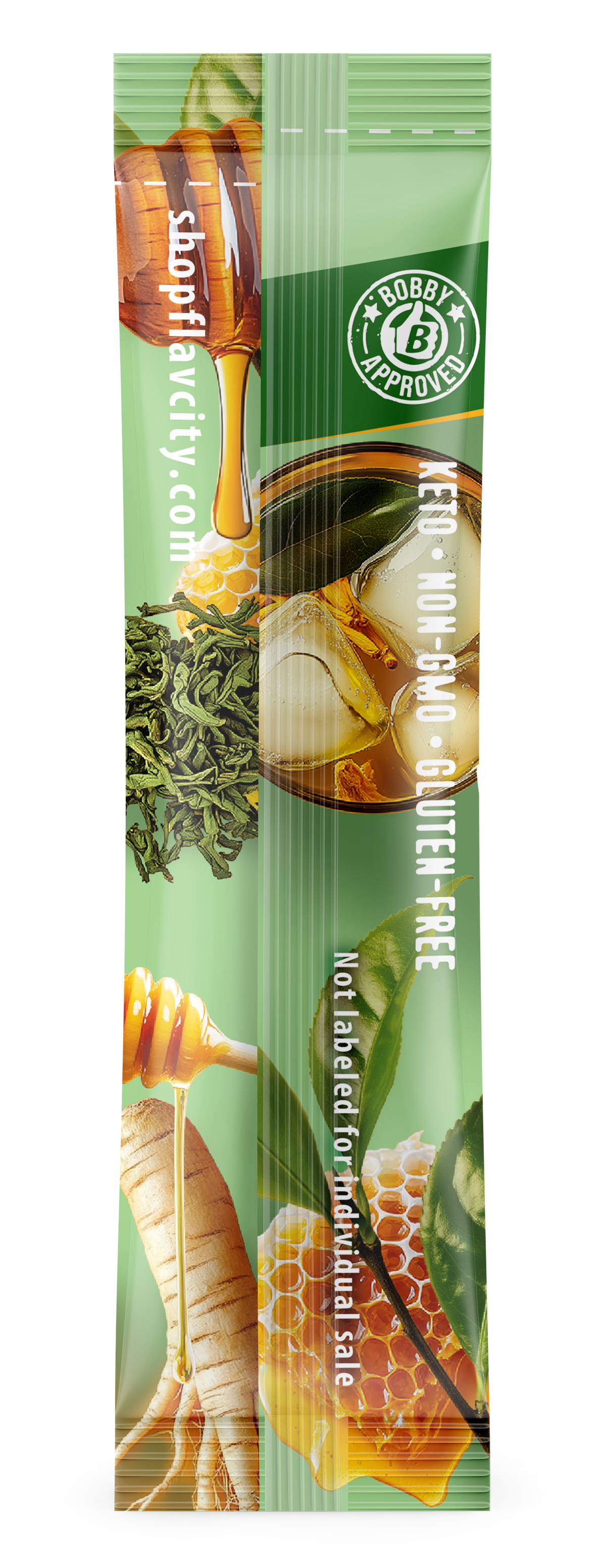 flavcity tea package with images of tea leaves and a teacup on a green background