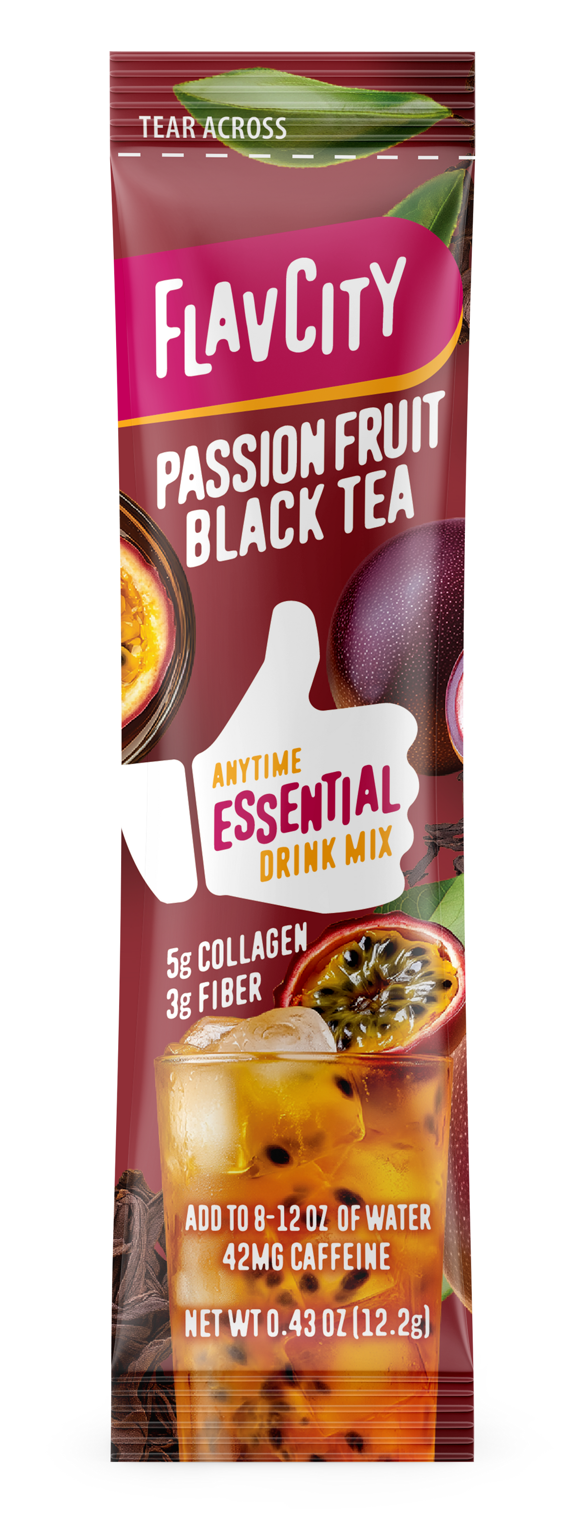 FlavCity Passion Fruit Black Tea drink mix package with images of tea and passion fruit.