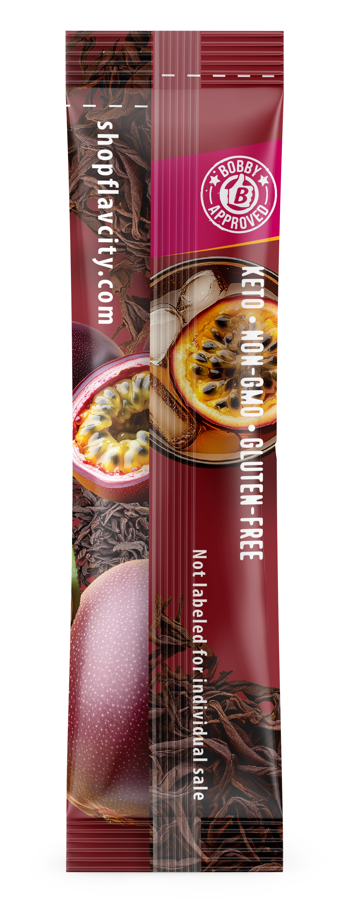 Back view of FlavCity Anytime Essentials Drink Mix Passion Fruit Black Tea package, white background.