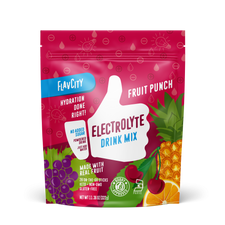Front of a bag of 'Fruit Punch' flavored electrolyte drink mix, featuring a colorful design with fruit imagery for hydration and energy replenishment.
