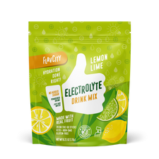 Front of a bag of 'Lemon Lime' flavored electrolyte mix, featuring a bright and citrus-themed design that emphasizes hydration and recovery benefits.