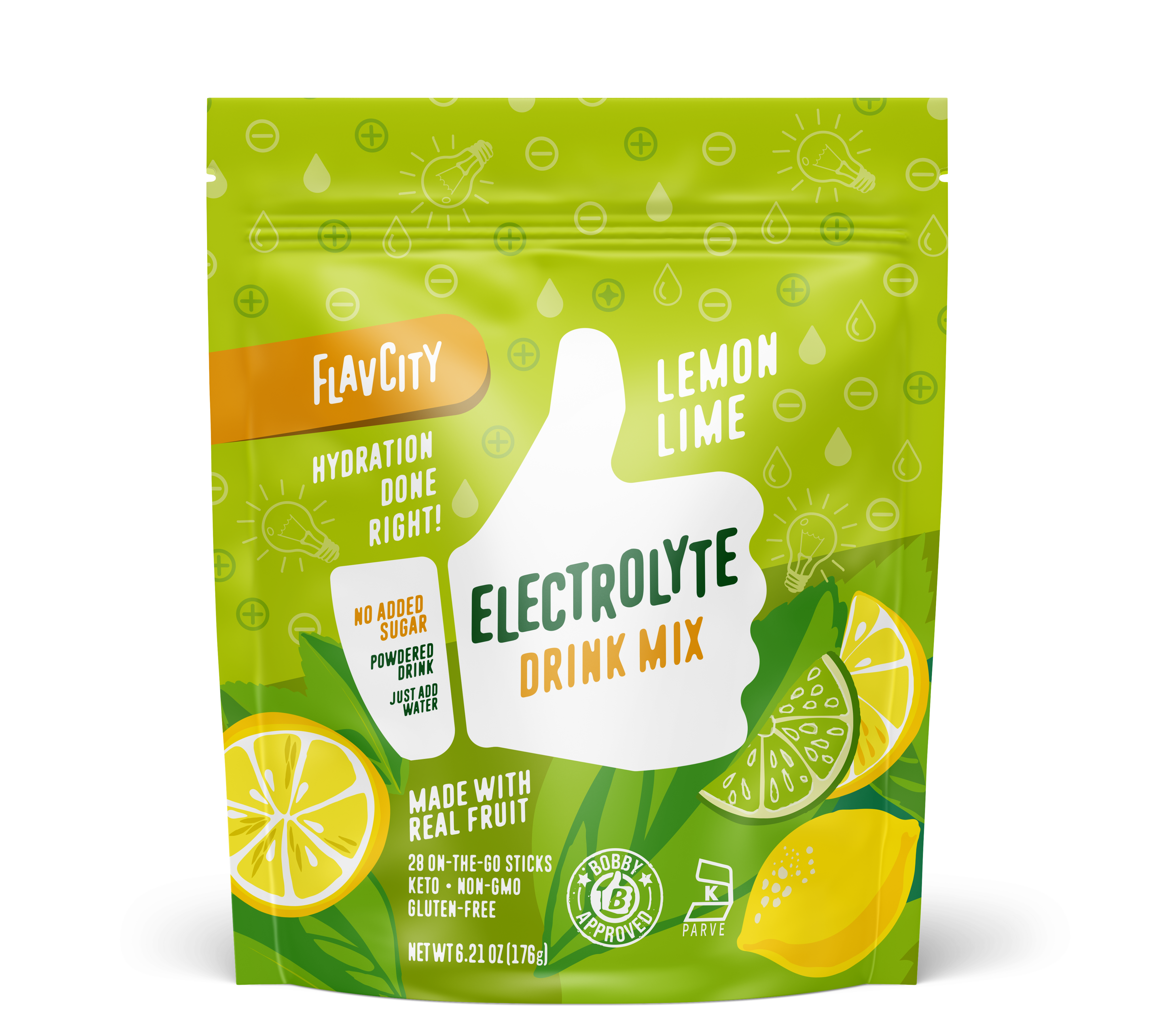 Front of a bag of 'Lemon Lime' flavored electrolyte mix, featuring a bright and citrus-themed design that emphasizes hydration and recovery benefits.