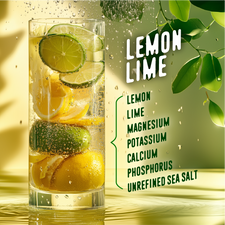 FlavCity Lemon Lime Electrolyte Drink Mix in a tall glass filled with sparkling water, lemon wedges, and lime slices. The design highlights key ingredients such as "Lemon," "Lime," and minerals including "Magnesium," "Potassium," "Calcium," "Phosphorus," and "Unrefined Sea Salt," set against a fresh green and yellow background with water droplets and hanging lime leaves.