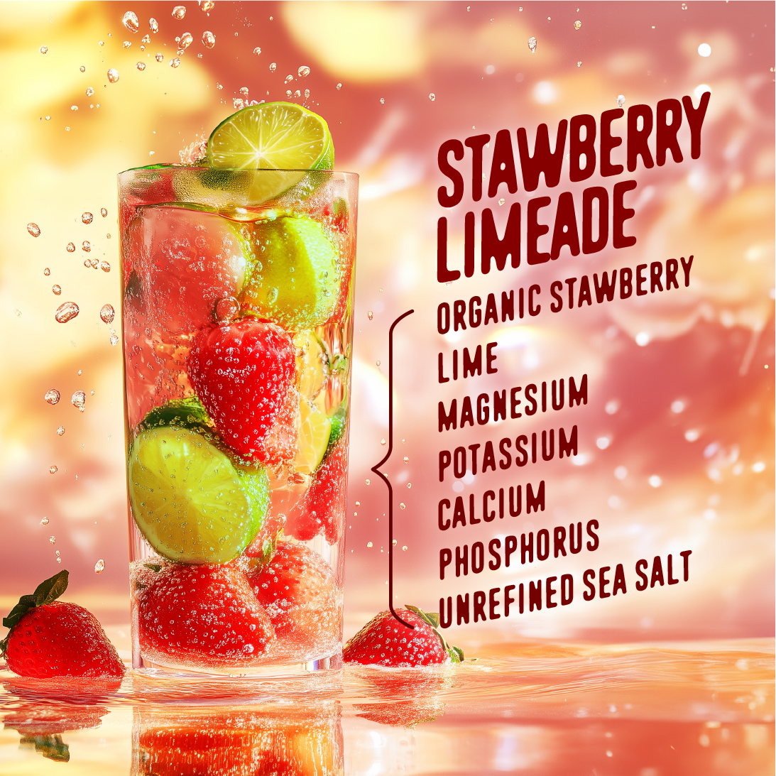 FlavCity Strawberry Limeade Electrolyte Drink Mix in a tall glass filled with ice, fresh strawberries, and lime slices. The design emphasizes key ingredients like "Organic Strawberry," "Lime," and essential minerals such as "Magnesium," "Potassium," "Calcium," "Phosphorus," and "Unrefined Sea Salt," set against a refreshing red-orange background with splashes of water and fruit accents.