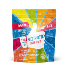 A box of electrolyte drink mix packets in a variety pack, featuring a colorful front design with energy and hydration imagery
