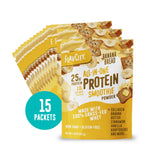 Fifteen Shop FlavCity Banana Bread Protein Smoothies Packets feature 25g protein, 10g collagen, and showcase banana, butter, cinnamon, and vanilla ingredients on the packaging.
