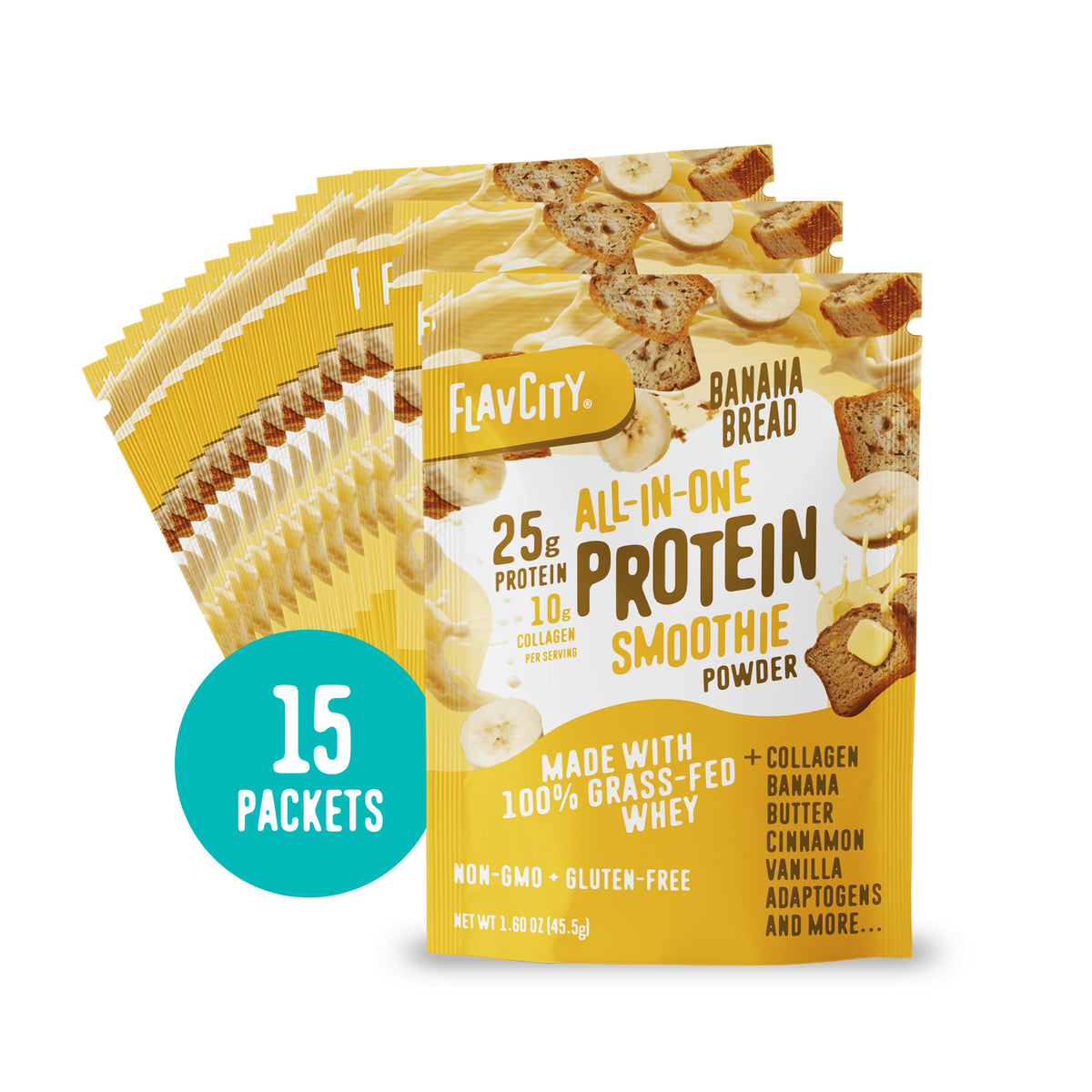Fifteen yellow Shop FlavCity Banana Bread Protein Smoothies Packets are shown, each featuring 25g protein, 10g collagen, non-GMO, gluten-free information, and key ingredients displayed on the front.