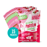 A pack of Shop FlavCity Berries & Cream Protein Smoothie Packets shows 15 servings per box. The front highlights 25g protein, 10g collagen, non-GMO, gluten-free, and includes strawberry, coconut & banana ingredients.