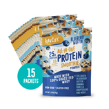 Five packets of Shop FlavCity’s Blueberry Muffin Protein Smoothie Packets, each label showing 25g protein, 10g collagen, and key ingredients like blueberry, banana, and whey. A teal circle displays "15 Packets.