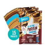 15 packets of Shop FlavCity Chocolate Peanut Butter Protein Smoothie Packets, featuring images of chocolate peanut butter cups, product highlights, and nutritional info on the packaging.
