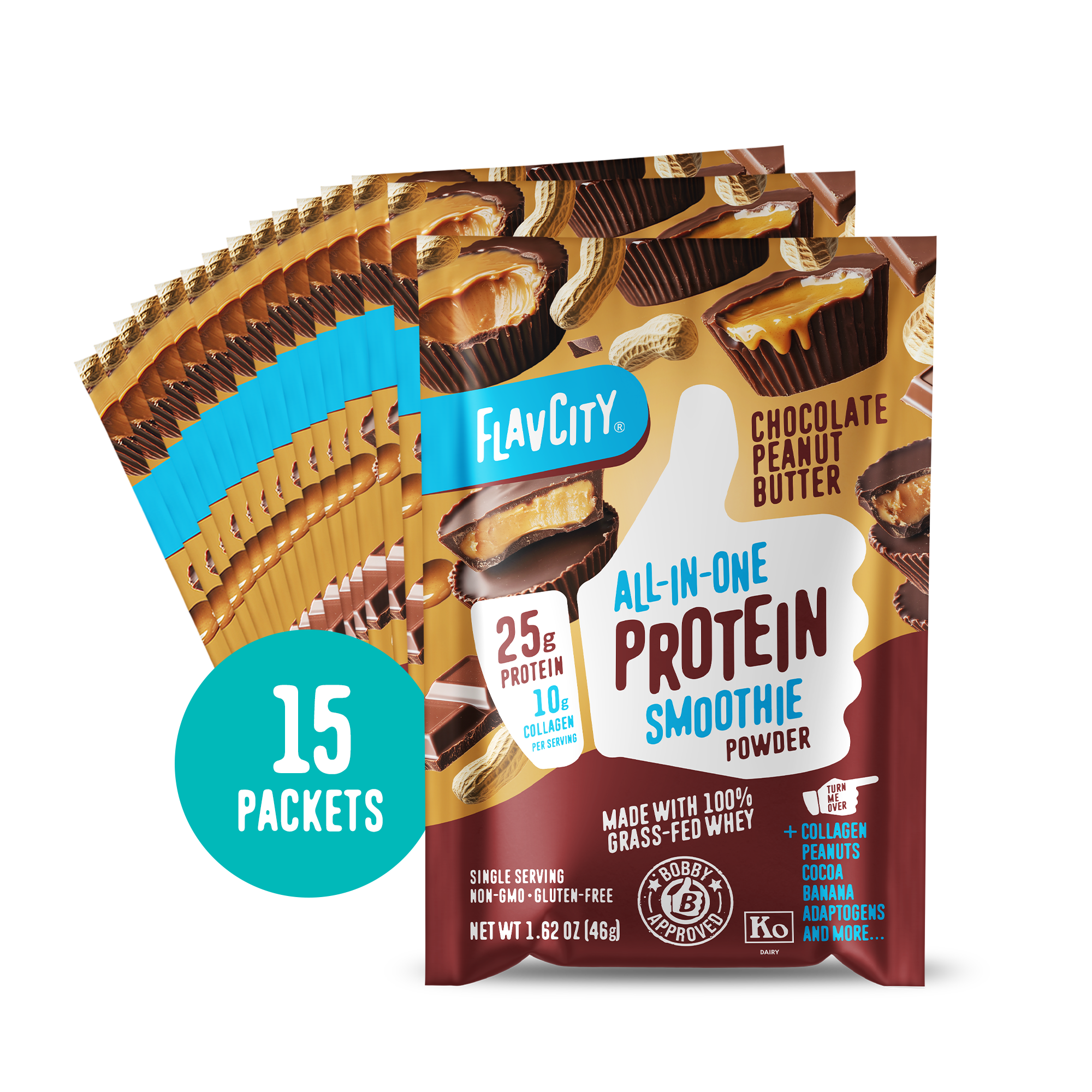 15 packets of Shop FlavCity Chocolate Peanut Butter Protein Smoothie Packets, featuring images of chocolate peanut butter cups, product highlights, and nutritional info on the packaging.