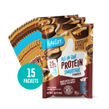 15 packets of Shop FlavCity Chocolate Peanut Butter Protein Smoothie Packets, featuring images of chocolate peanut butter cups, product highlights, and nutritional info on the packaging.