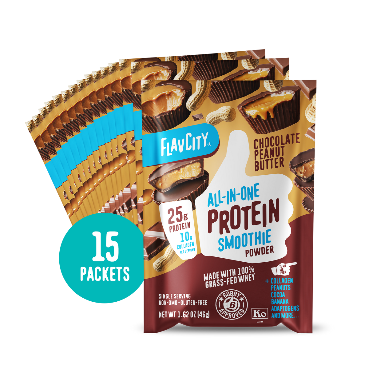 15 packets of Shop FlavCity Chocolate Peanut Butter Protein Smoothie Packets, featuring images of chocolate peanut butter cups, product highlights, and nutritional info on the packaging.