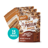 Fifteen packets of Shop FlavCity Cinnamon Roll Protein Smoothie Packets, each with 25g protein, 10g collagen, and made with non-GMO, gluten-free, grass-fed whey.