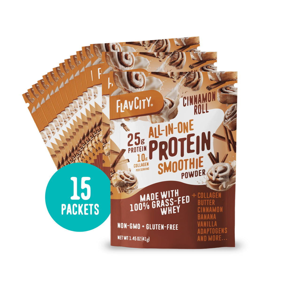 Fifteen packets of Shop FlavCity Cinnamon Roll Protein Smoothie Packets, each with 25g protein, 10g collagen, and made with non-GMO, gluten-free, grass-fed whey.