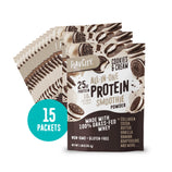 Shop FlavCity Cookies & Cream Protein Smoothie Packets include 15 packets per box, each with 25g protein, 10g collagen, and ingredients like cocoa, banana, vanilla, adaptogens, and collagen.