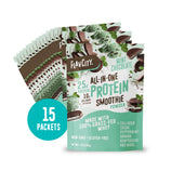 Fifteen Shop FlavCity Mint Chocolate Protein Smoothie Packets with 25g protein, 10g collagen, and natural ingredients are displayed in a fan shape with a teal circle labeled "15 Packets.