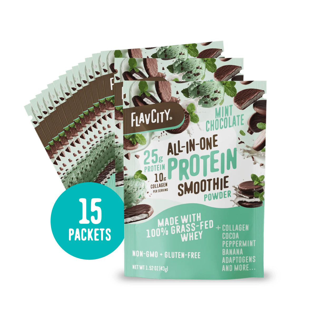 Fifteen Shop FlavCity Mint Chocolate Protein Smoothie Packets with 25g protein, 10g collagen, and natural ingredients are displayed in a fan shape with a teal circle labeled "15 Packets.