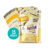 Fifteen packets of Shop FlavCity Vanilla Cream Protein Smoothie Packets, each containing 25g of protein and 10g of collagen, are displayed fanned out with a blue circle that reads "15 Packets.