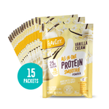 Fifteen packets of Shop FlavCity Vanilla Cream Protein Smoothie Packets, each containing 25g of protein and 10g of collagen, are displayed fanned out with a blue circle that reads "15 Packets.