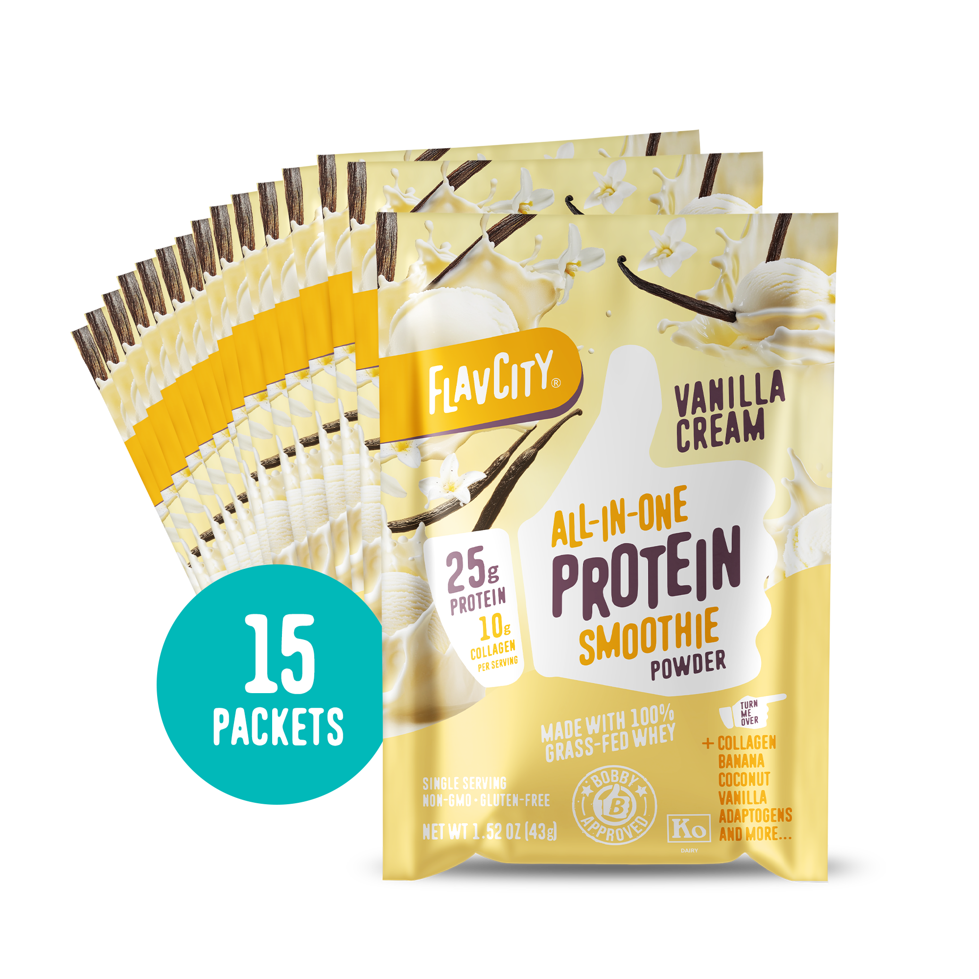 Fifteen packets of Shop FlavCity Vanilla Cream Protein Smoothie Packets, each containing 25g of protein and 10g of collagen, are displayed fanned out with a blue circle that reads "15 Packets.