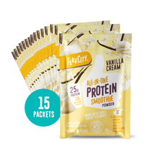 Fifteen packets of Shop FlavCity Vanilla Cream Protein Smoothie Packets, each containing 25g of protein and 10g of collagen, are displayed fanned out with a blue circle that reads "15 Packets.