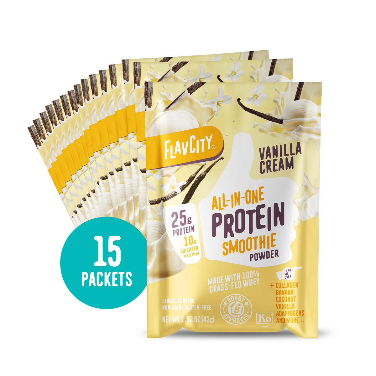 Fifteen packets of Shop FlavCity Vanilla Cream Protein Smoothie Packets, each containing 25g of protein and 10g of collagen, are displayed fanned out with a blue circle that reads "15 Packets.