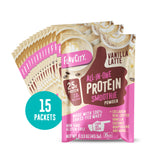 Fifteen Shop FlavCity 15 Vanilla Latte Single-Serve packets are shown, each labeled with 25g grass-fed whey protein, 10g collagen protein, non-GMO, and gluten-free.