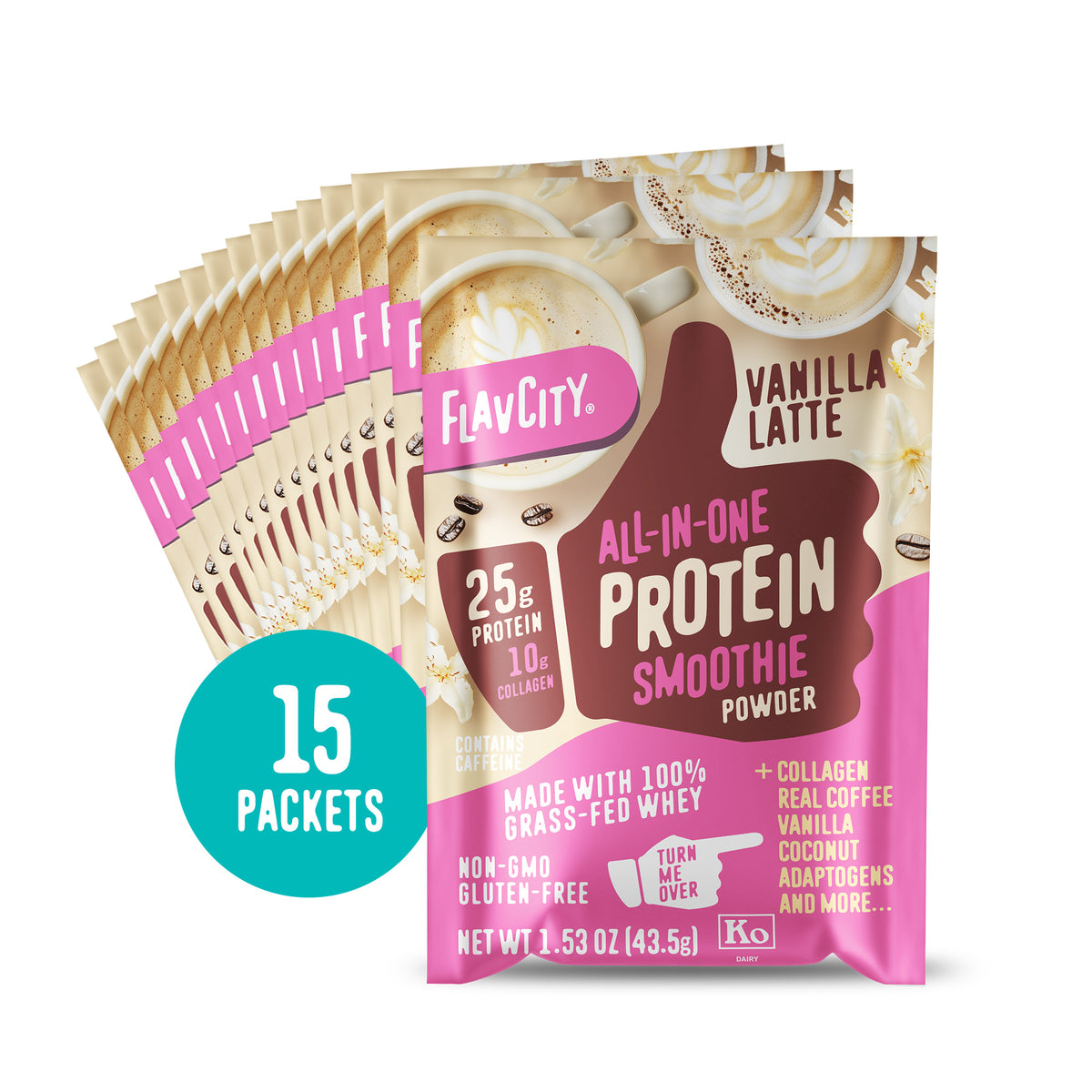 Fifteen Shop FlavCity 15 Vanilla Latte Single-Serve packets are shown, each labeled with 25g grass-fed whey protein, 10g collagen protein, non-GMO, and gluten-free.