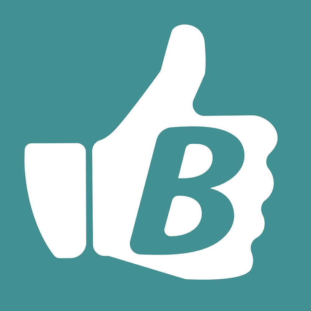 A white thumbs-up icon with a large capital letter B in the center, set against a teal background.