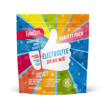 Introducing the Shop FlavCity Hydrate + Recover Bundle: a vibrant Variety Pack Drink Mix featuring hydration support, zero added sugar, keto-friendly benefits, and seven delicious fruit flavors—all wrapped in a fun thumbs-up design. This convenient package contains 28 on-the-go sticks, making it perfect for pairing with your Vanilla Cream Protein Smoothie or grass-fed whey protein routine.