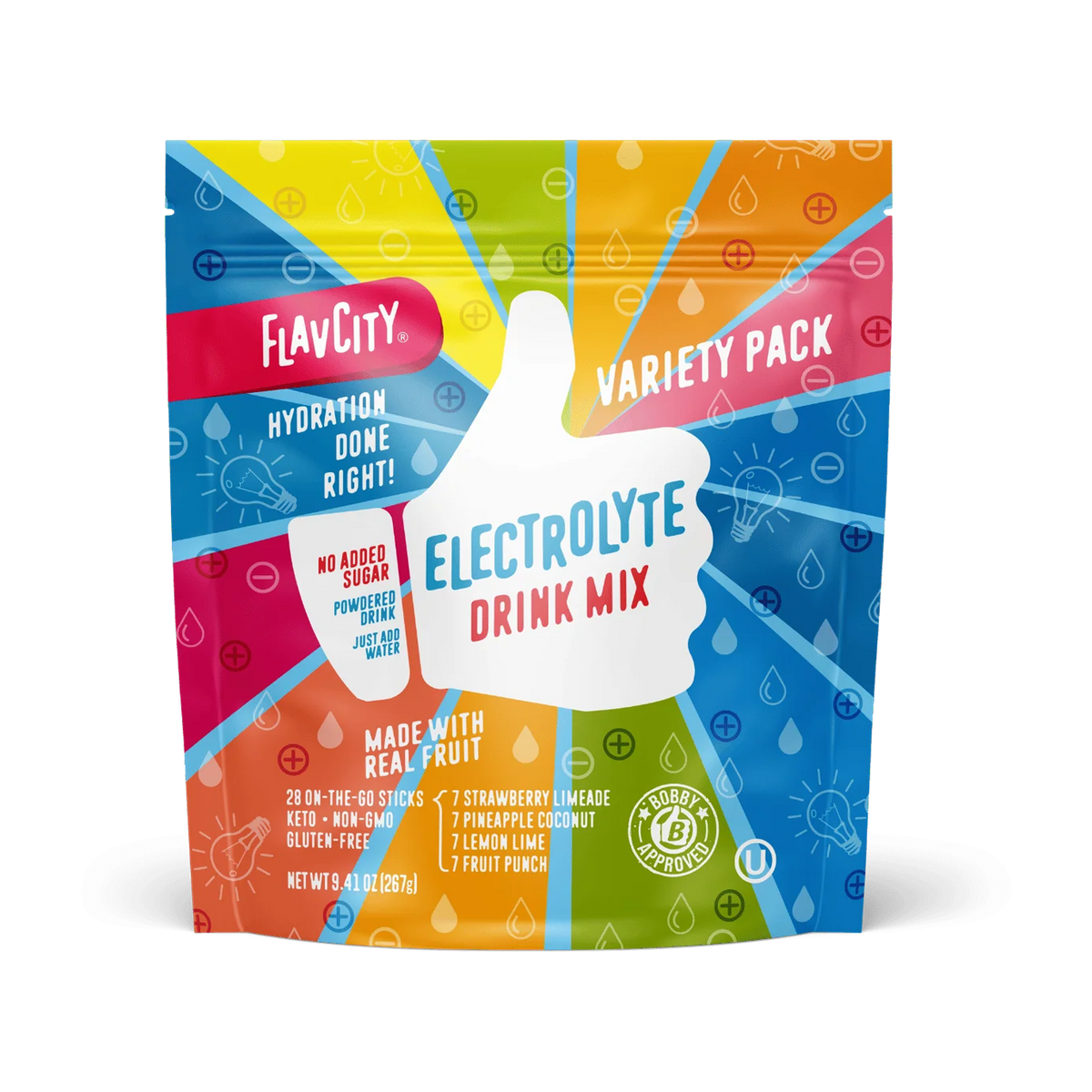 Introducing the Shop FlavCity Hydrate + Recover Bundle: a vibrant Variety Pack Drink Mix featuring hydration support, zero added sugar, keto-friendly benefits, and seven delicious fruit flavors—all wrapped in a fun thumbs-up design. This convenient package contains 28 on-the-go sticks, making it perfect for pairing with your Vanilla Cream Protein Smoothie or grass-fed whey protein routine.