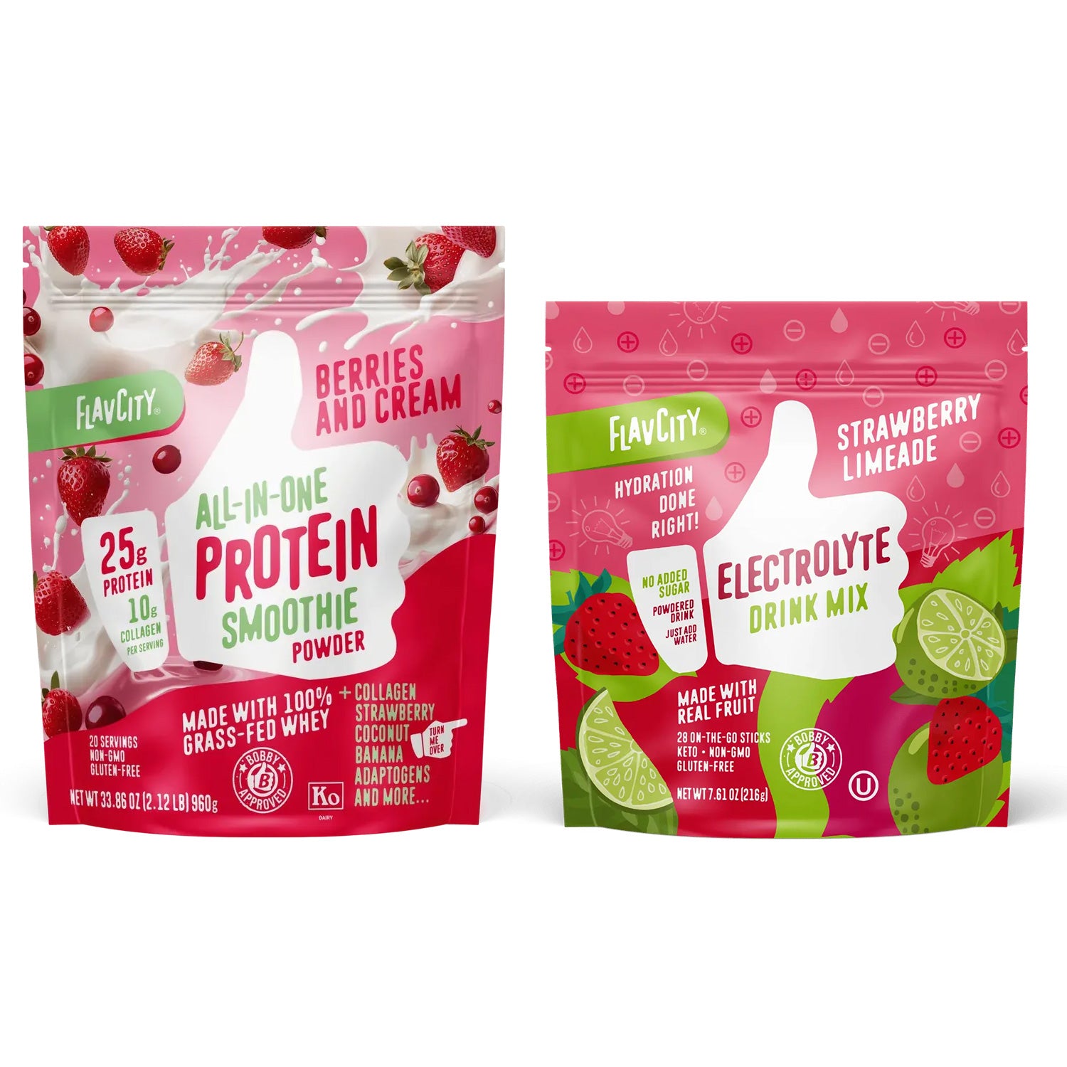 The Berry Bliss Bundle from Shop FlavCity includes two vibrant pouches—one for the high-protein Berries & Cream Protein Smoothie Powder and another for the Strawberry Limeade Electrolytes Drink Mix—each adorned with colorful fruit imagery and detailed product information on the packaging.