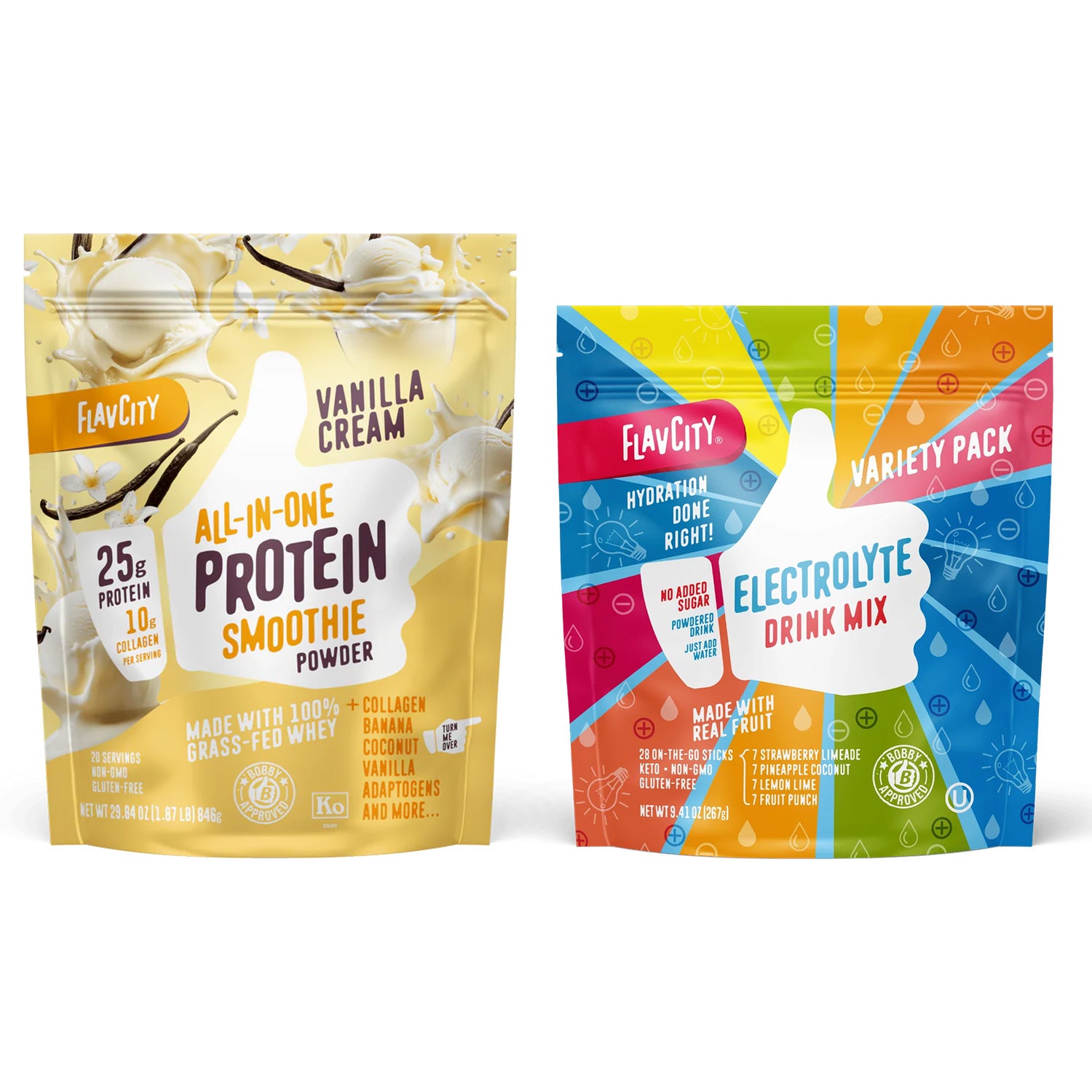 Two colorful Shop FlavCity product packages from the Hydrate + Recover Bundle are displayed upright against a white background: the Vanilla Cream Protein Smoothie, made with grass-fed whey protein, stands on the left, while the Electrolytes Variety Pack Drink Mix is on the right.