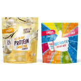 Two colorful Shop FlavCity product packages from the Hydrate + Recover Bundle are displayed upright against a white background: the Vanilla Cream Protein Smoothie, made with grass-fed whey protein, stands on the left, while the Electrolytes Variety Pack Drink Mix is on the right.