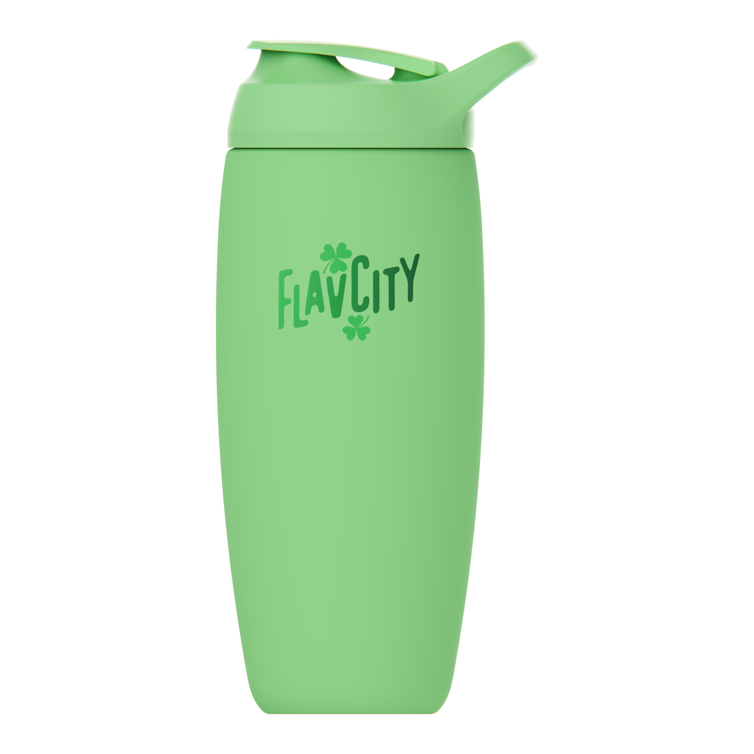 A green Shop FlavCity Shaker Bottle with insulation, flip-top lid, and ‘FLAVCITY’ printed on the front in dark green with clover designs—ideal for smooth, lump-free shakes.